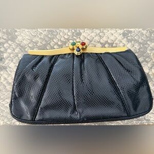 Judith Lieber 1980s Blue Evening Clutch with Gold Frame and Jewel Accents
